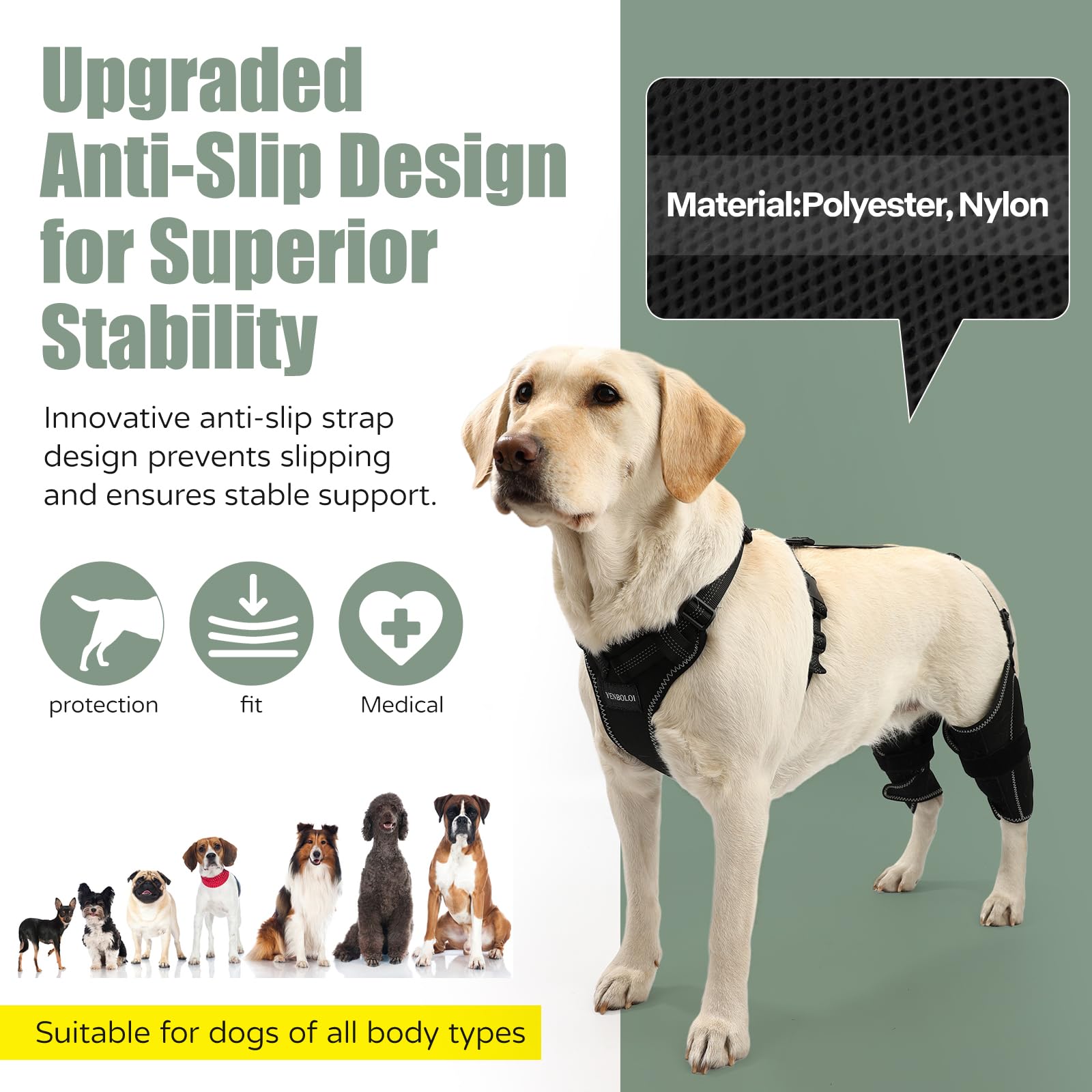 Fermeture auto-agrippante du Brace Genou Chien YENBOLOI pour enfiler facilement.
