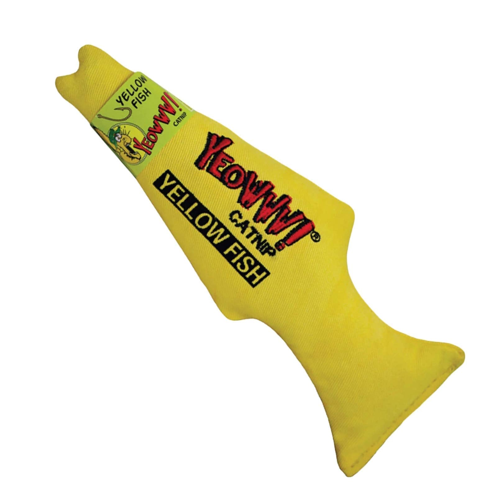 Le poisson jaune Yeowww! avec herbe à chat, prêt à stimuler le jeu et la curiosité.
