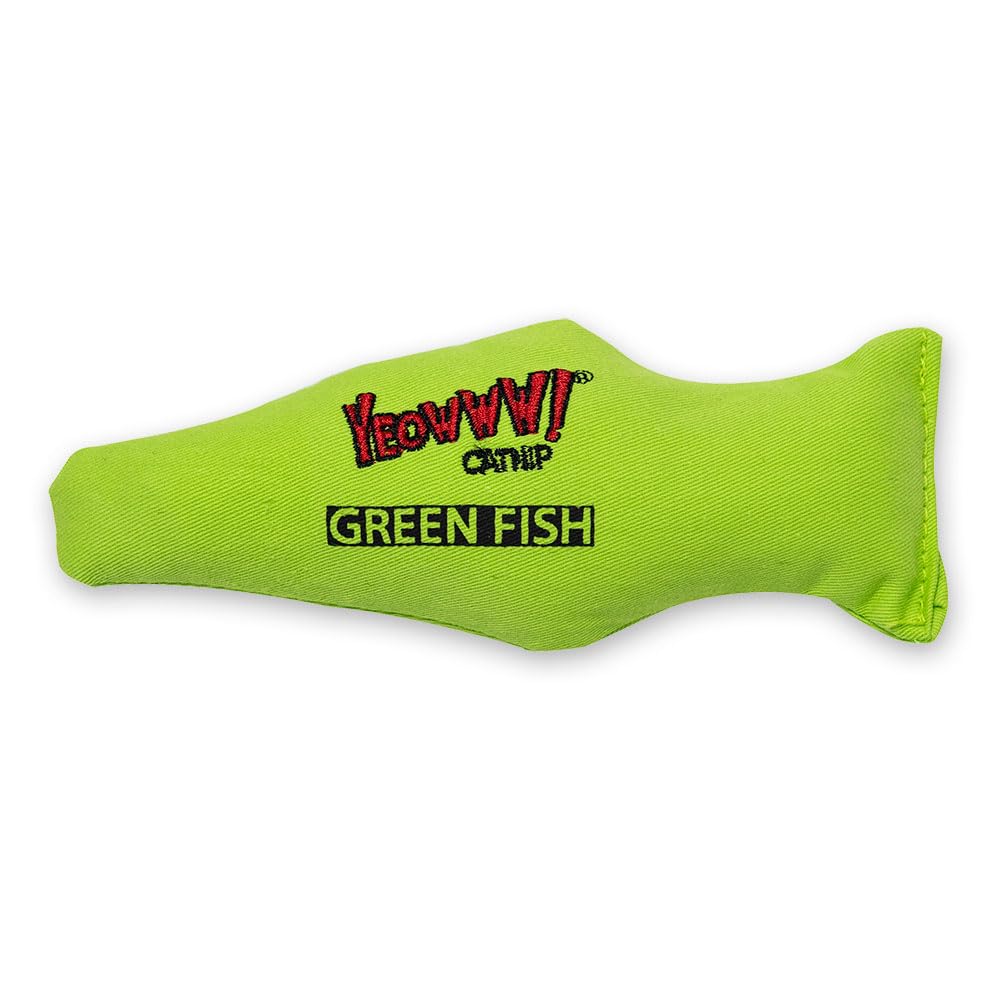 Yeowww! Poisson vert, jouet pour chat rempli d’herbe à chat, stimule le jeu actif.