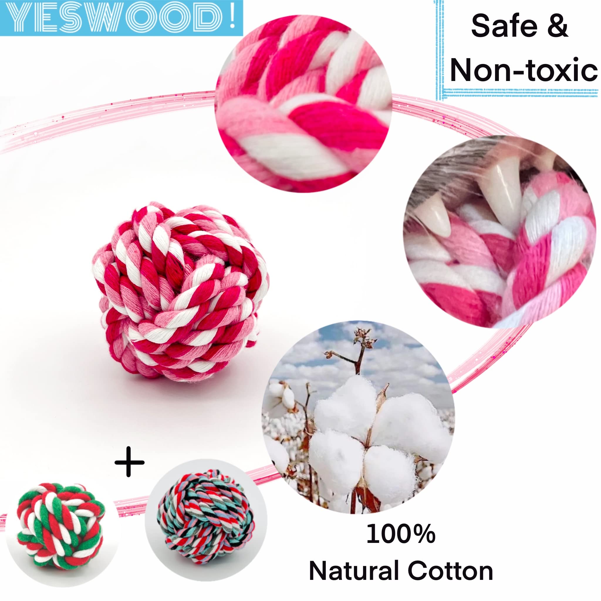 Jouet YESWOOD! pour chiots, balle corde rose, stimulation ludique et sociale.