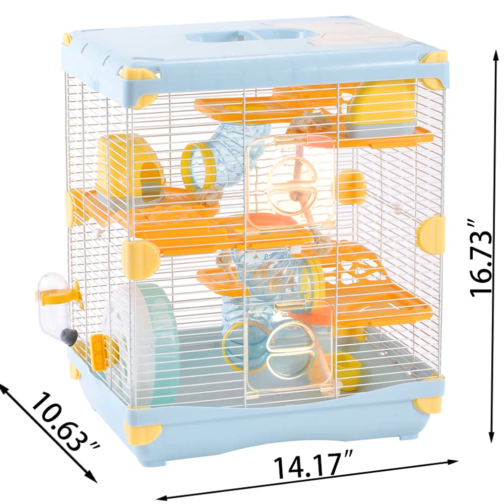 Vue intérieure avec mezzanine YIBOPET, favorise l’exploration sécurisée du hamster.
