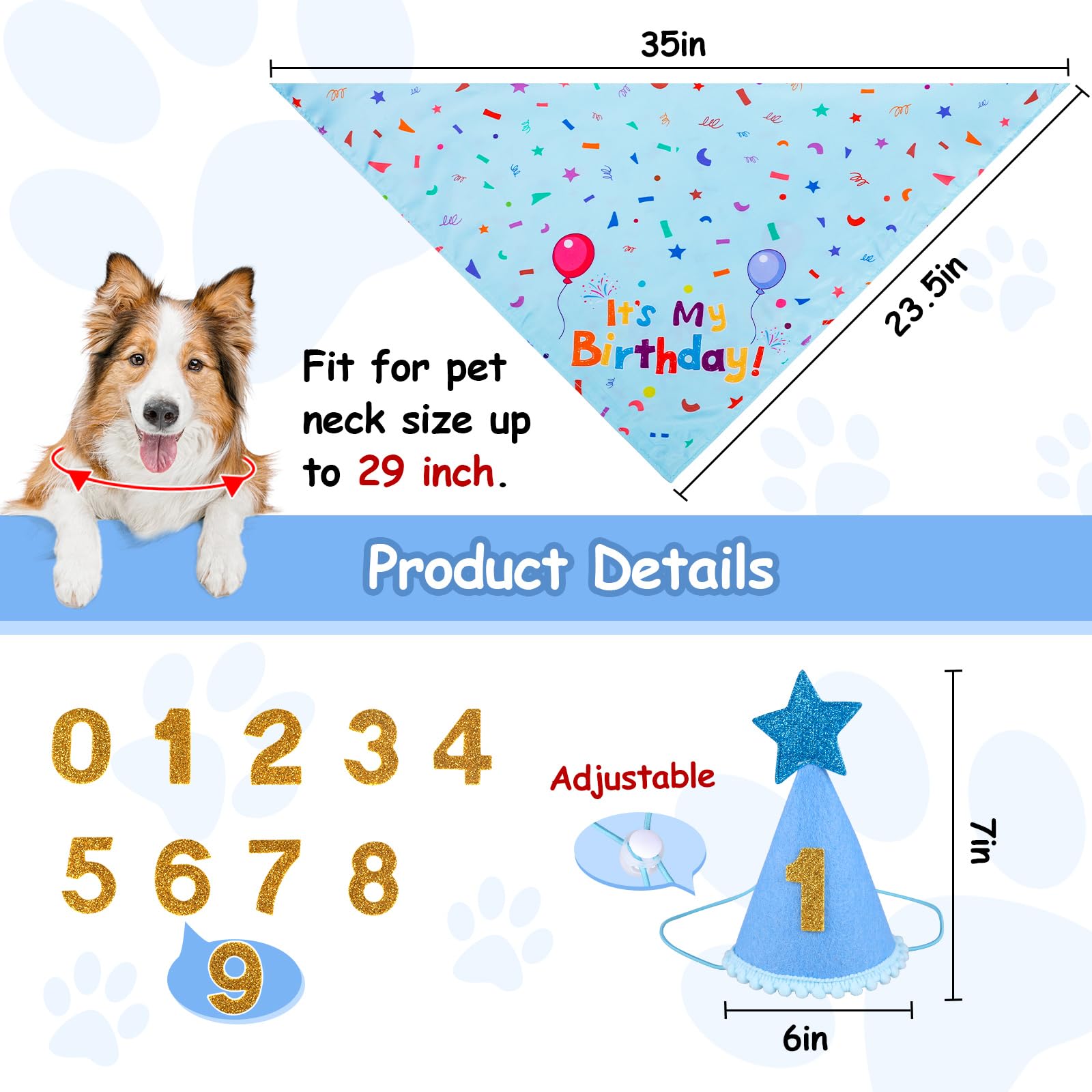 Bandana anniversaire Yicostar pour chien bleu, réversible et pratique pour les photos.