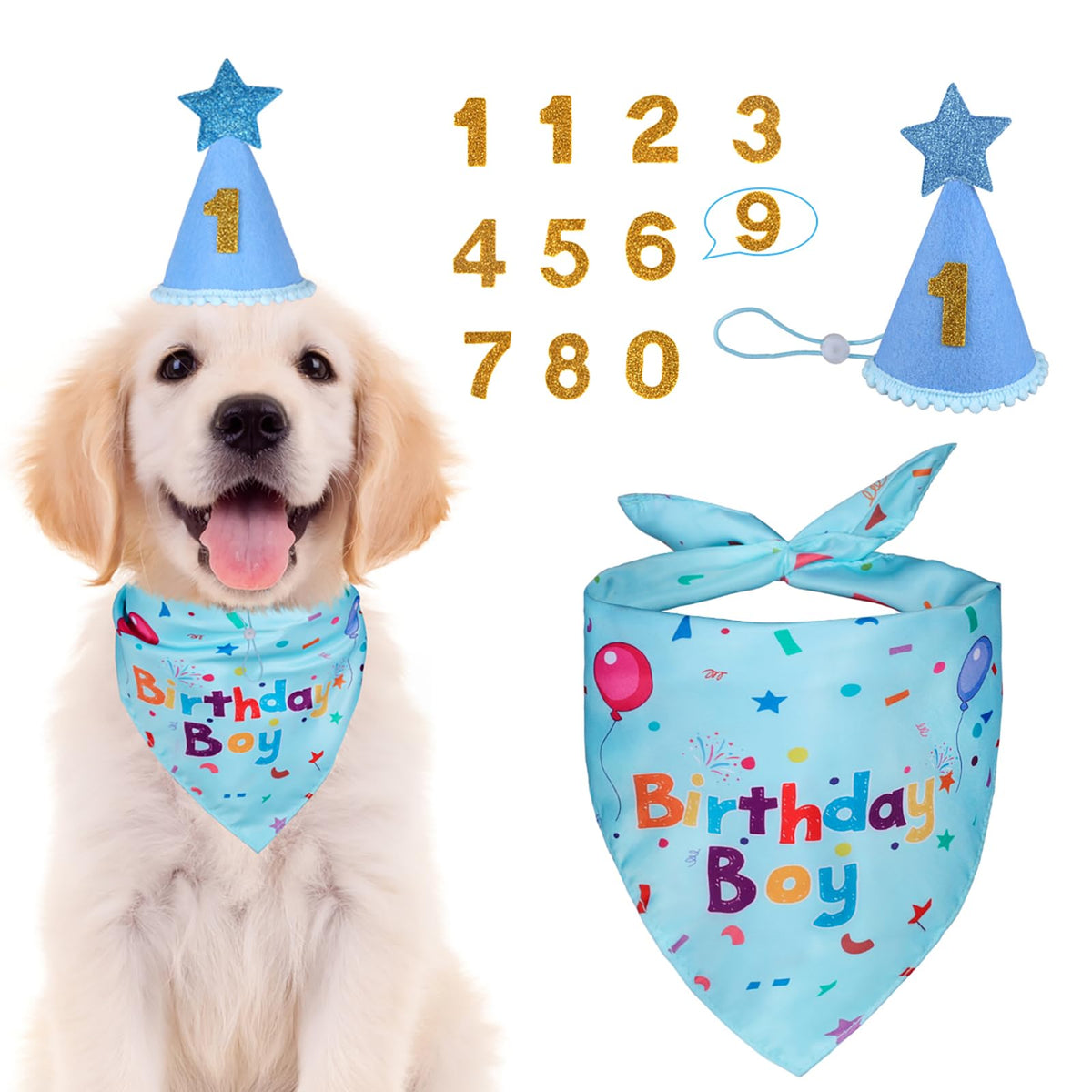 Ensemble bandana anniversaire Yicostar bleu sur chien, idéal pour photos souvenirs