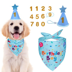 Ensemble bandana anniversaire Yicostar bleu sur chien, idéal pour photos souvenirs