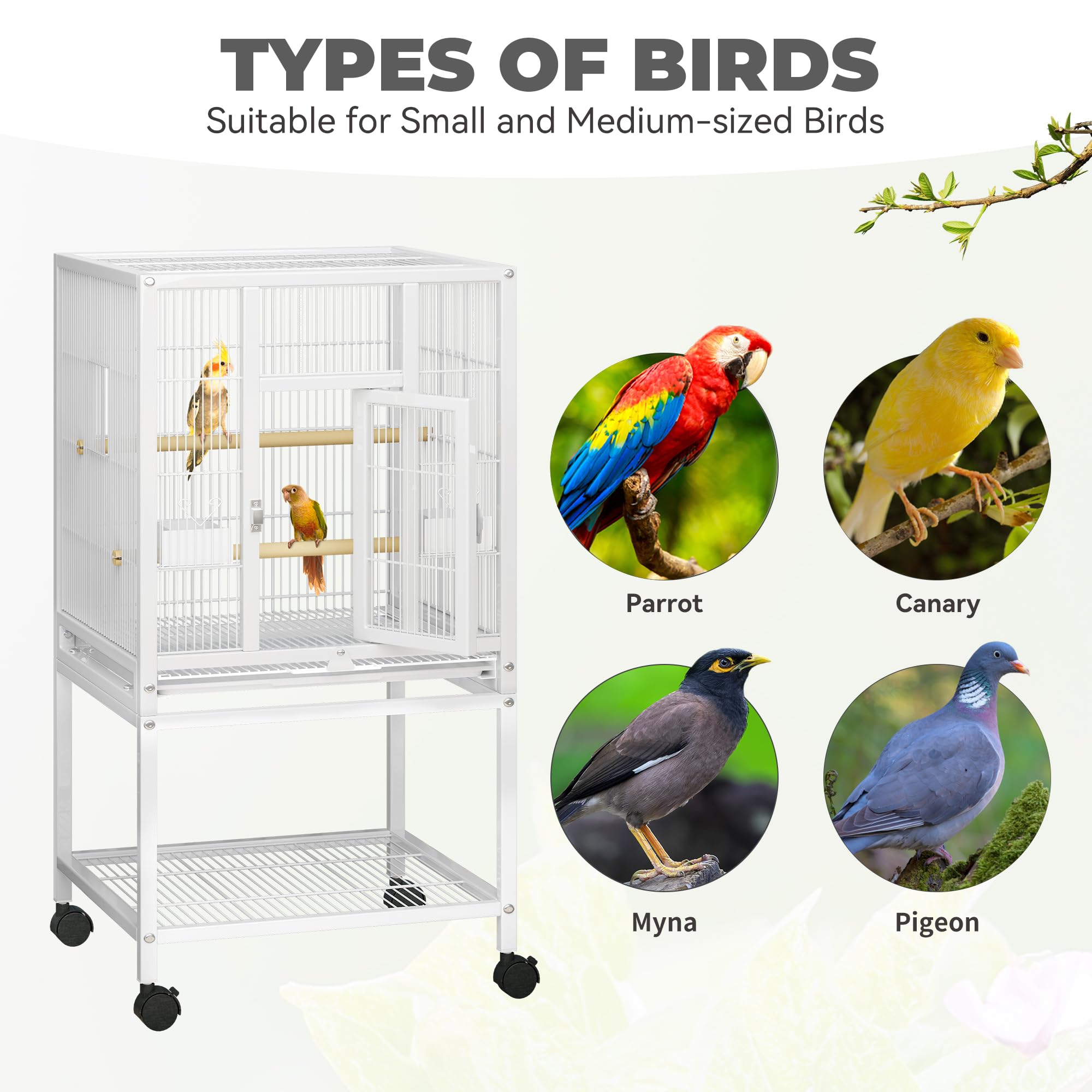 Accessoires inclus : deux bacs et deux perchoirs en bois pour nourrir et divertir vos oiseaux.
