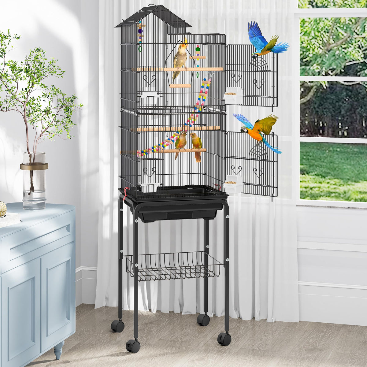 Cage YITAHOME 62 pouces sur support roulant facilite le déplacement en intérieur.