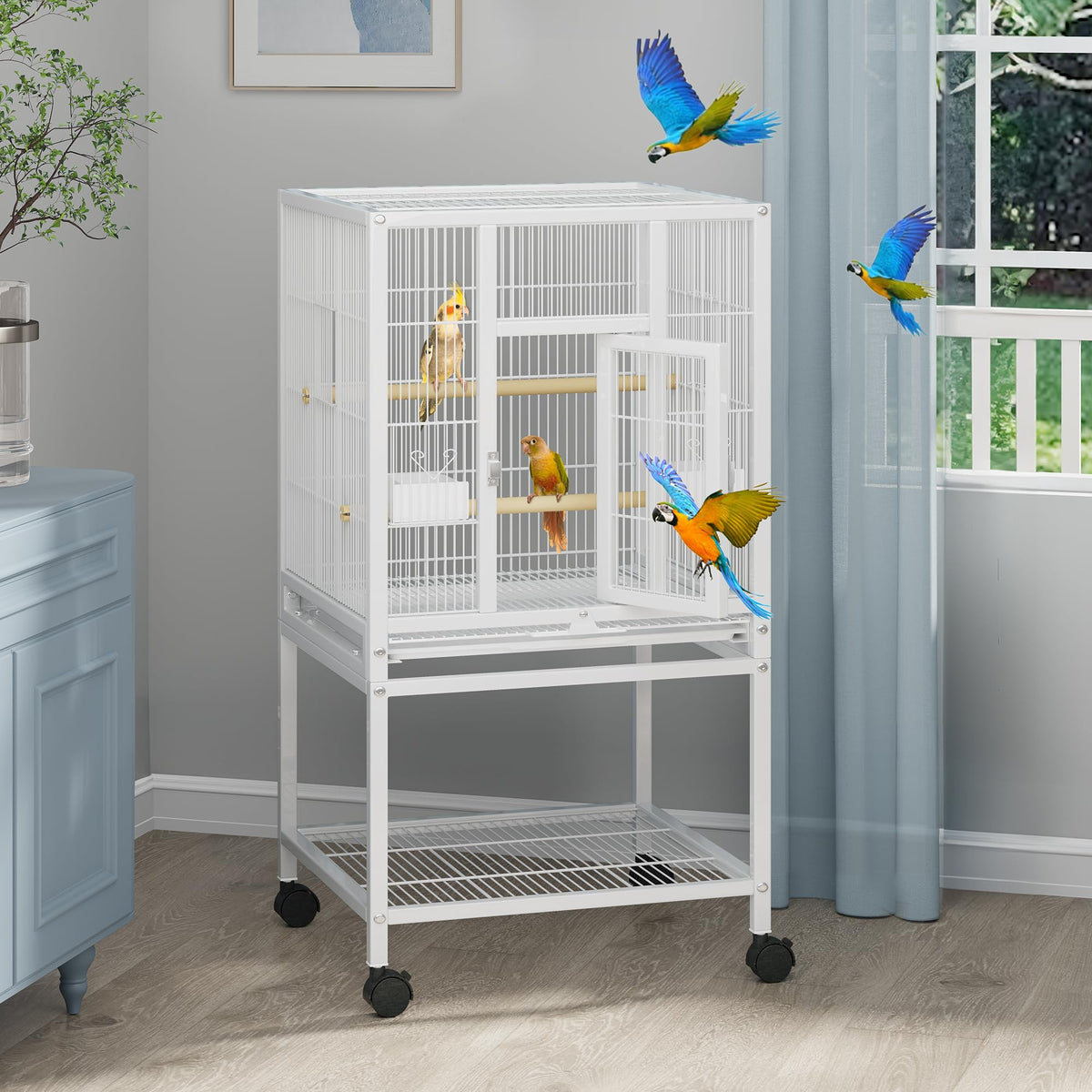 Cage YITAHOME en métal blanc 41 pouces offrant un espace généreux pour oiseaux.
