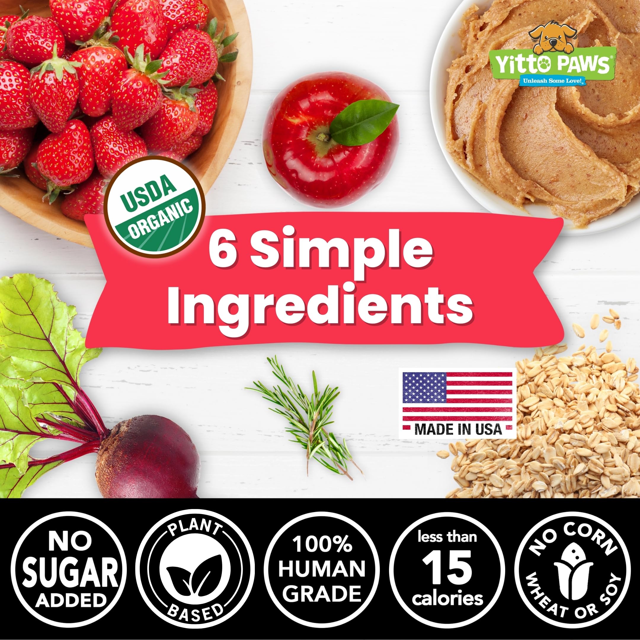 Yitto Paws biscuits vegan sans sucre ajouté, adaptés aux chiens sensibles.