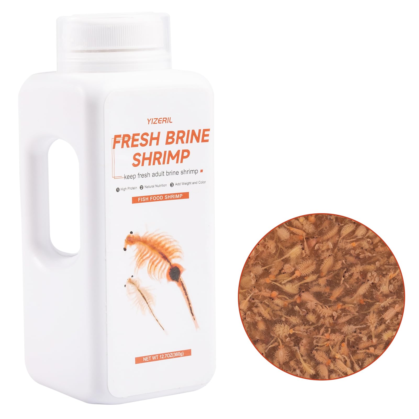 yizeril Instant Brine Shrimp en bouteille, emballage pratique pour stockage facile.