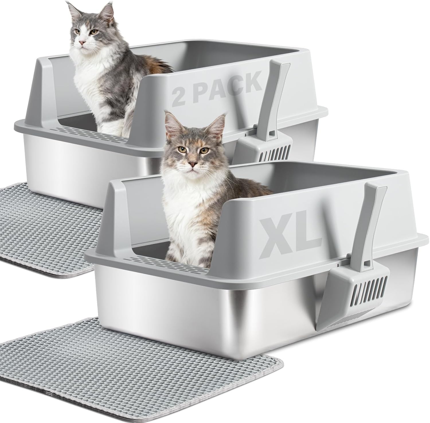 Bac Yollber en acier inox XL avec ouverture, espace généreux pour grands chats et nettoyage rapide.