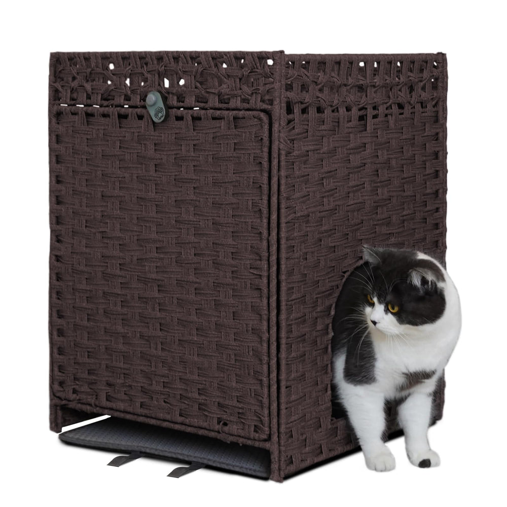 YOLUCCA enclos-litiere-chat-rotin brun, vue extérieure robuste pour balcon ou salon
