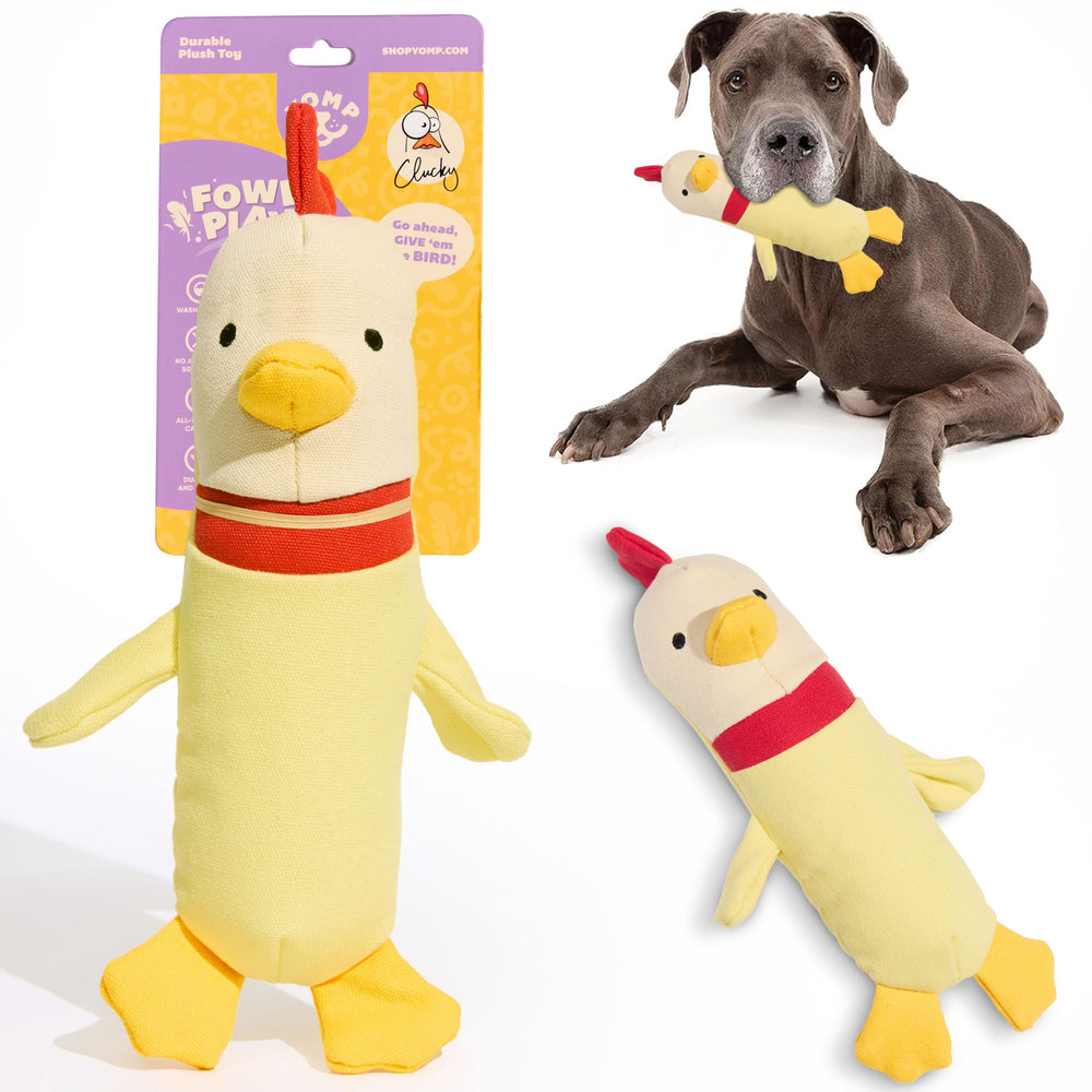 Jouet Yomp Clucky en peluche poulet, parfait pour câlins et jeux.