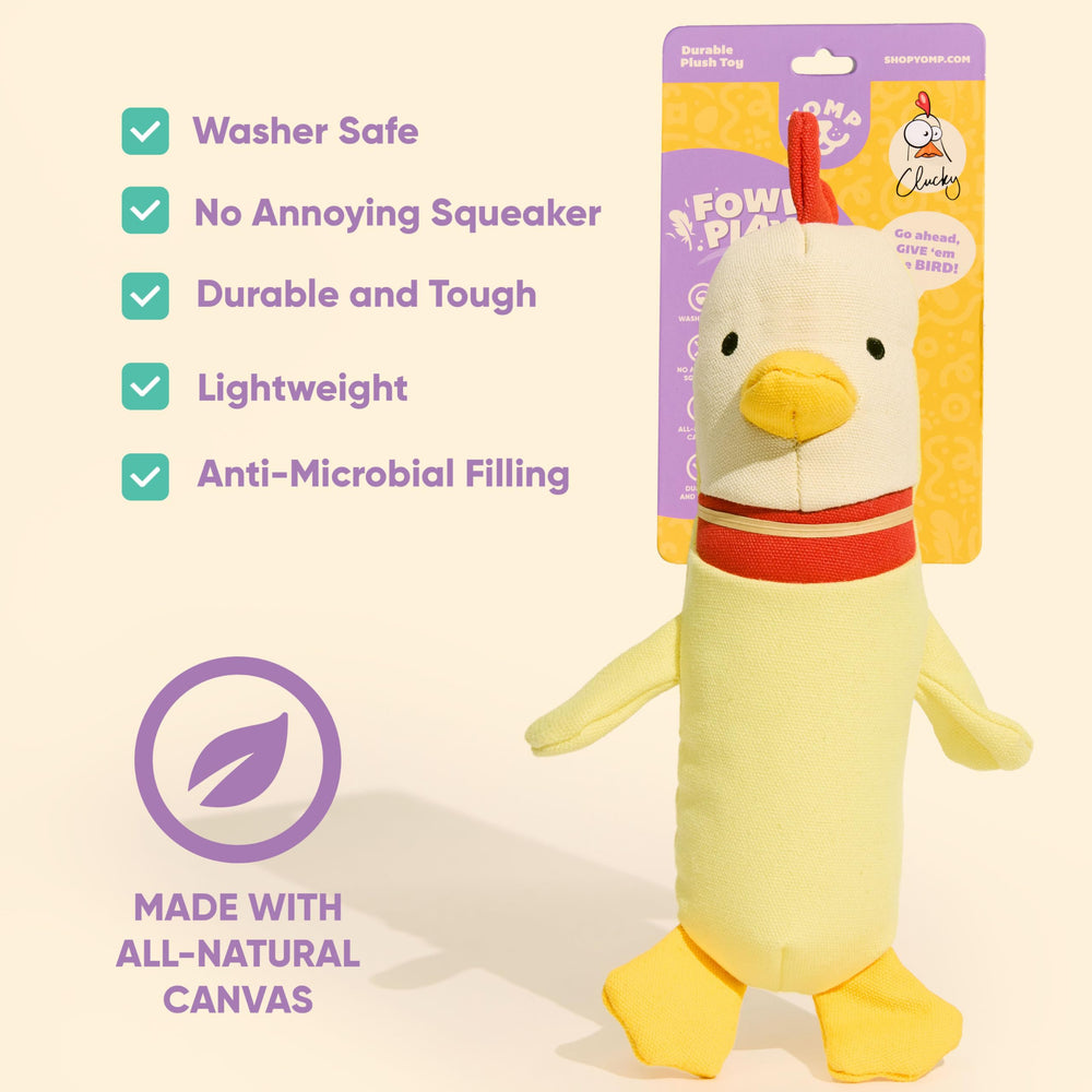 Jouet Yomp Clucky sans sifflet, pratique et silencieux.