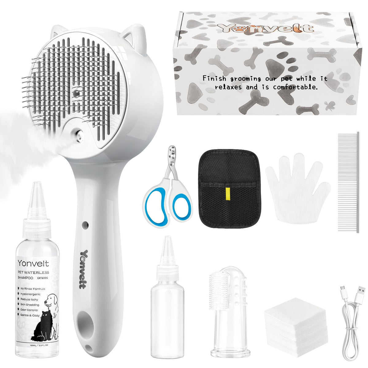 Yonvelt 9en1 kit toilettage chien et chat, vue d’ensemble du coffret soin pelage.