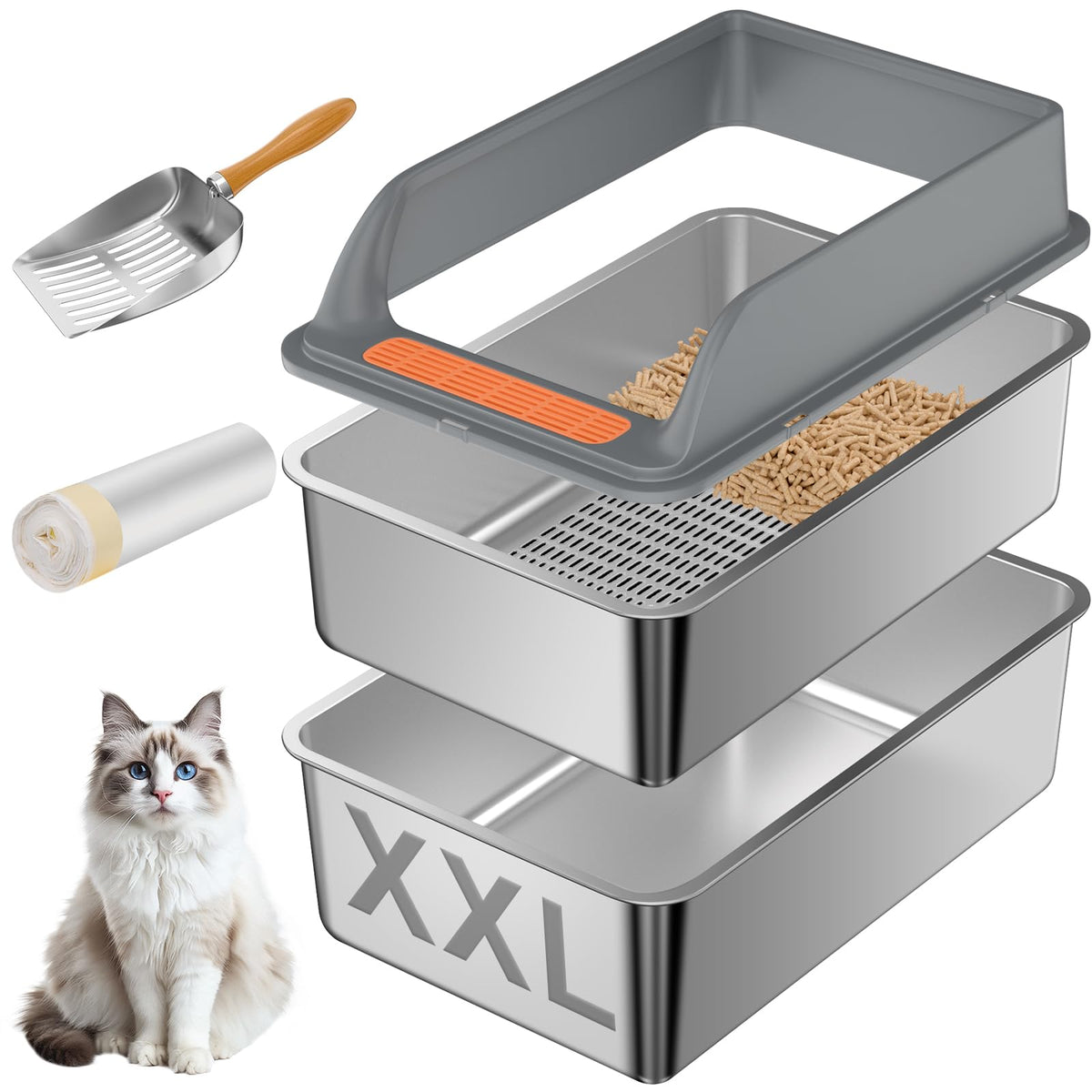 Yoochee boîte litière tamis inox avec couvercle — durable et facile à nettoyer.