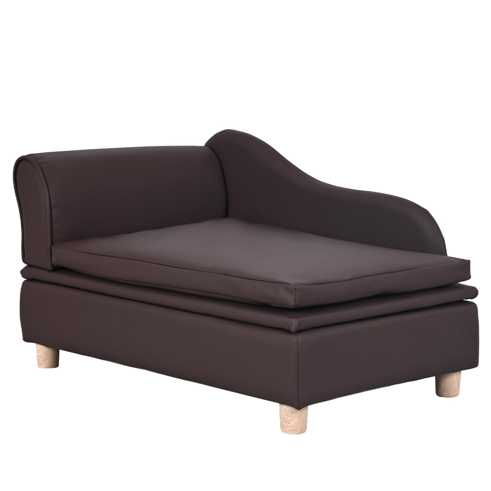 Rangement intégré pour jouets et friandises sur le canapé.