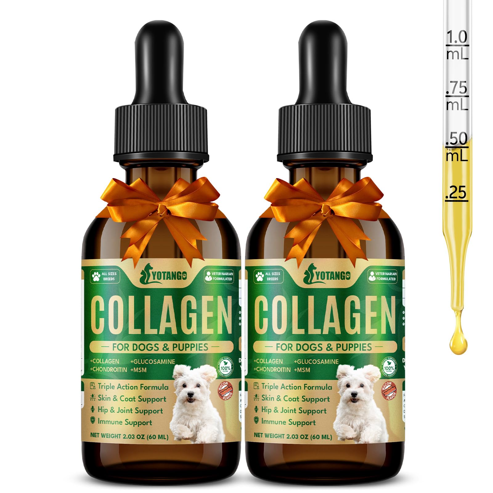 Flacon YOTANGO de collagène chien 60 ml prêt à dosage facile sur repas.
