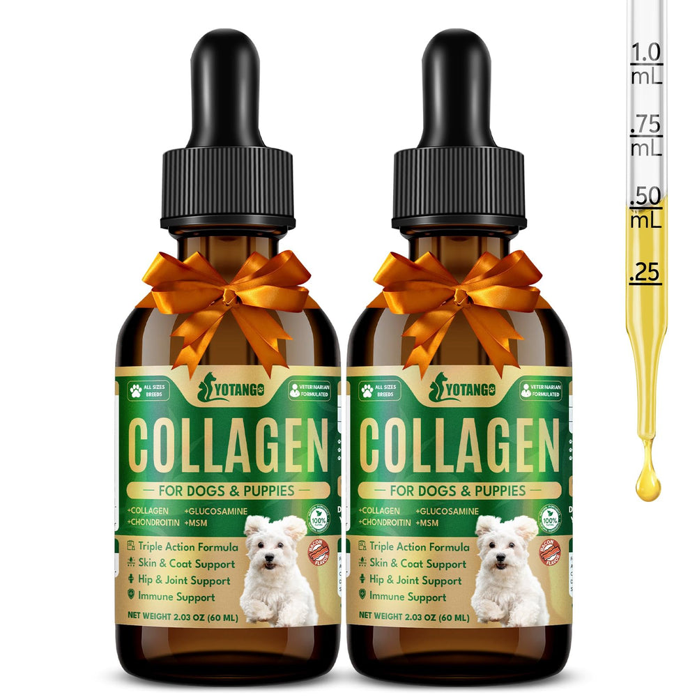 Flacon YOTANGO de collagène chien 60 ml prêt à dosage facile sur repas.