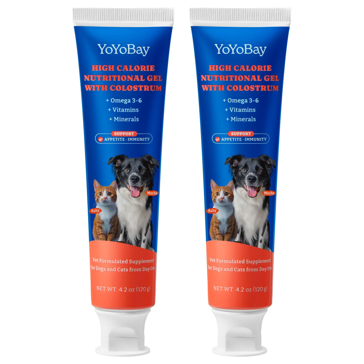 YoYoBay Colostrum Gel: bouteilles 2-pack visibles, énergie accrue pour chiens et chats.