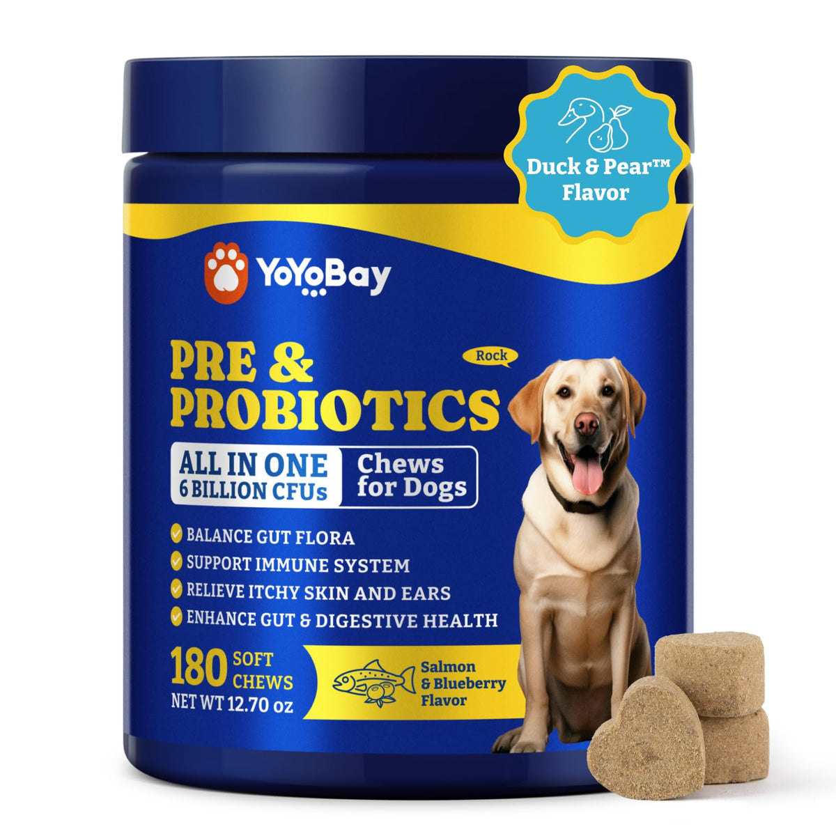 YoYoBay Probiotiques chien – bouteille montrant l'emballage et le soin quotidien.