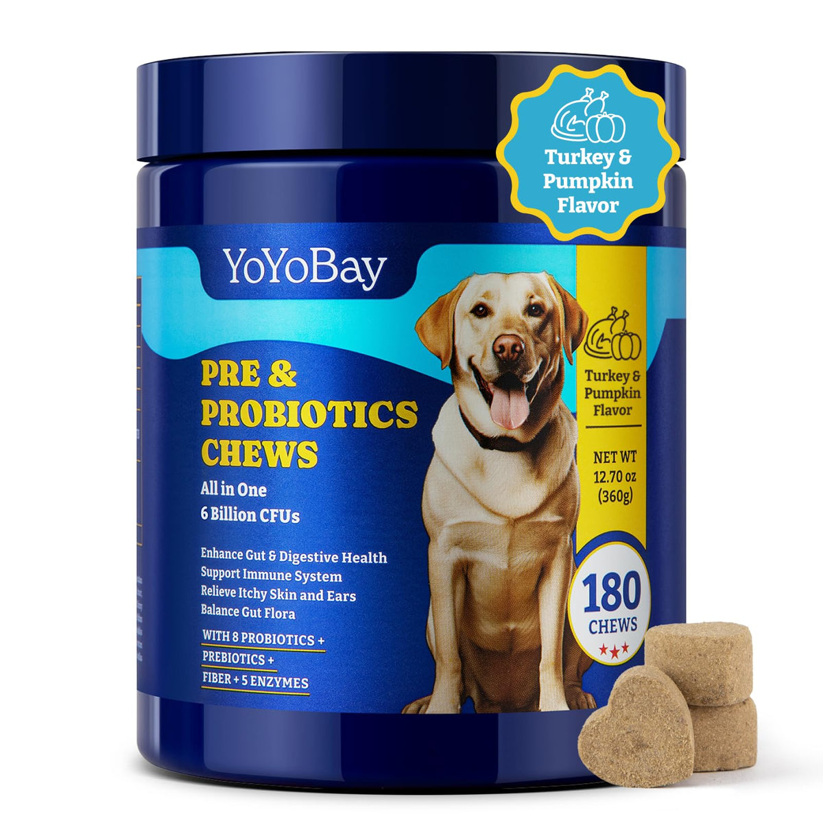 YoYoBay Probiotiques pour chiens — bouteille affichée, soutien digestif potentiel et absorption des nutriments.