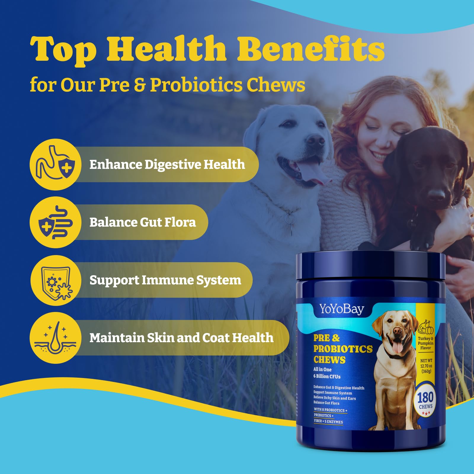 YoYoBay Probiotiques pour chiens — amélioration digestive potentielle avec enzymes et probiotiques.
