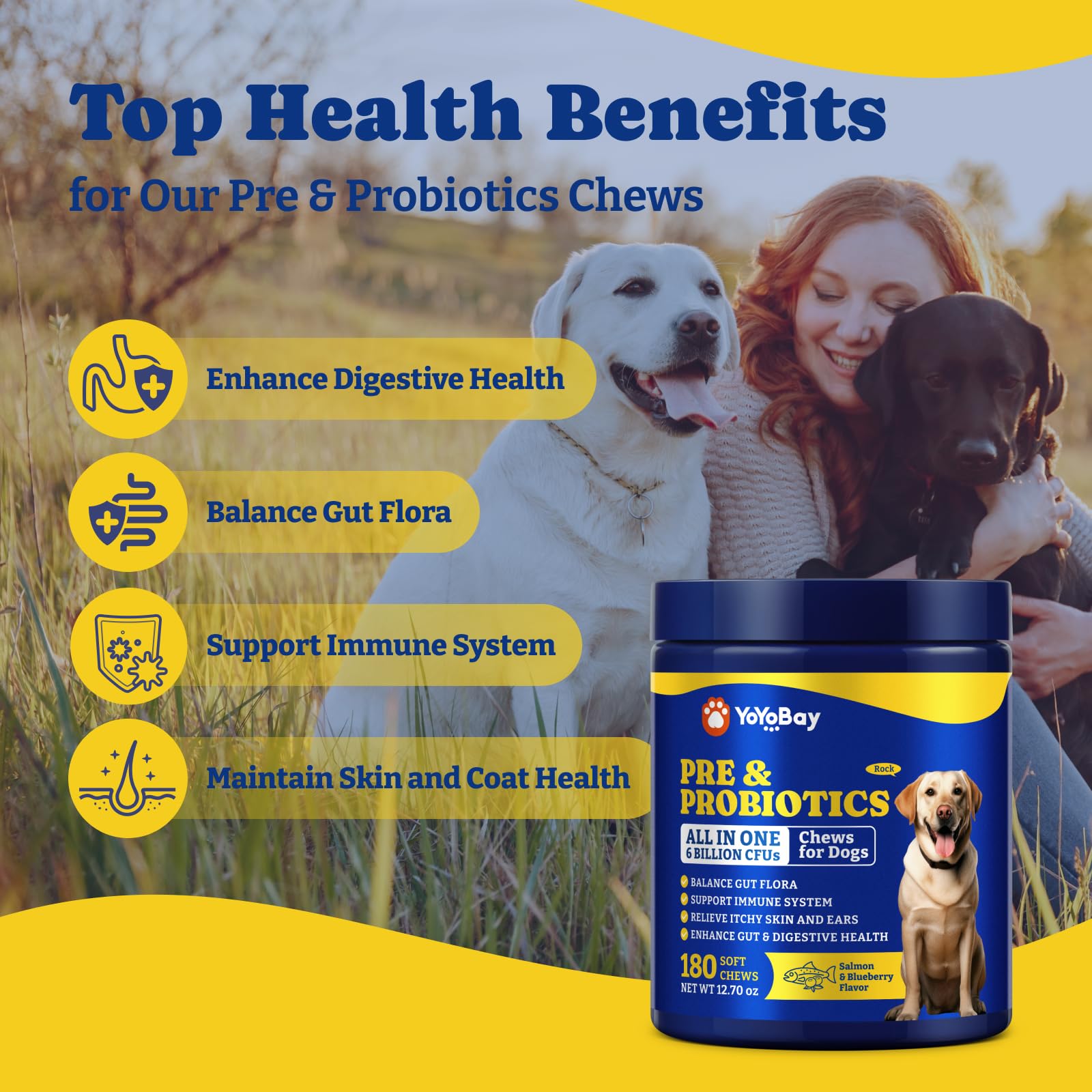 YoYoBay Probiotiques chien – gommes en gros plan, formulation avancée.