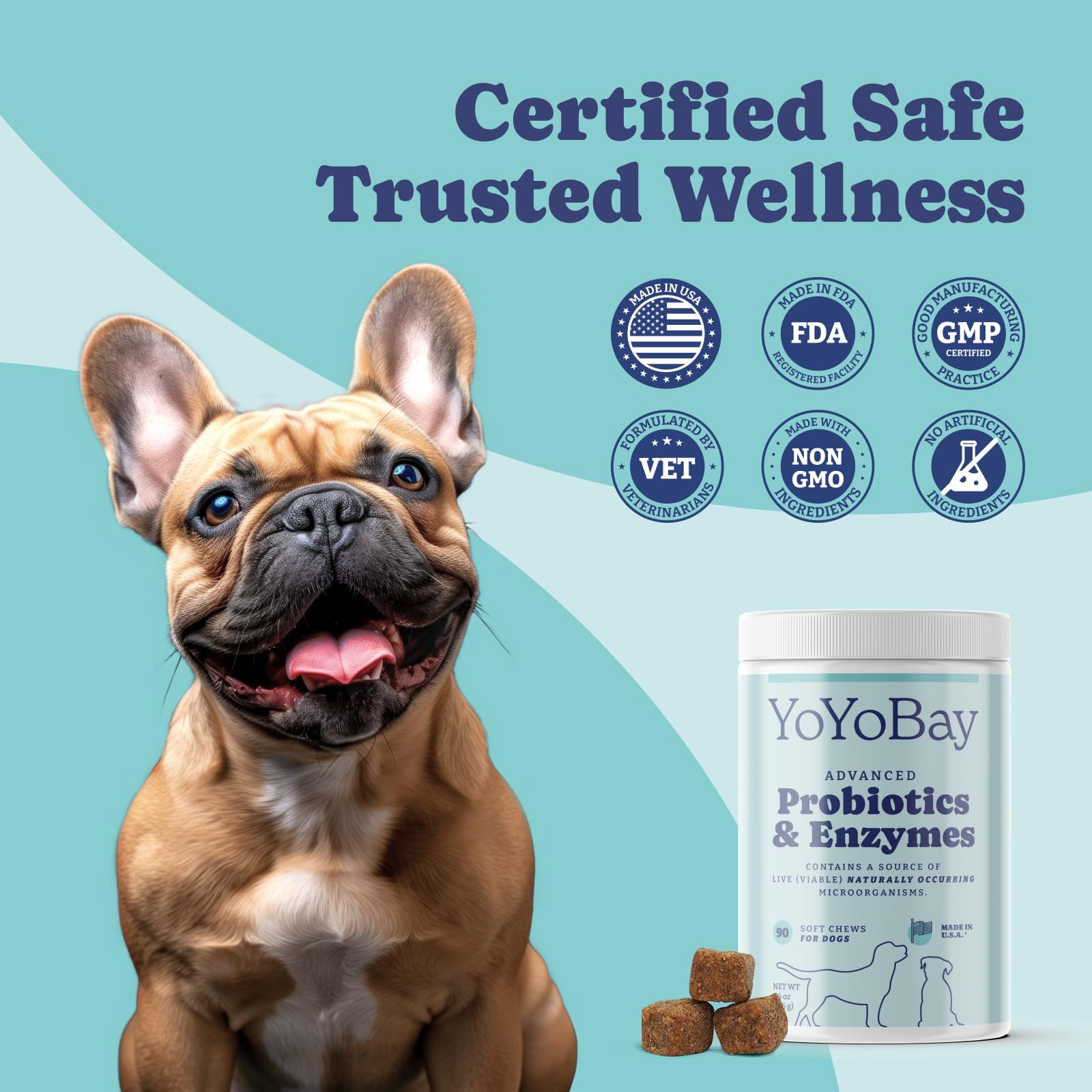 YoYoBay Probiotiques pour chien – plus d'un milliard CFU, soutien immunitaire potentiel.