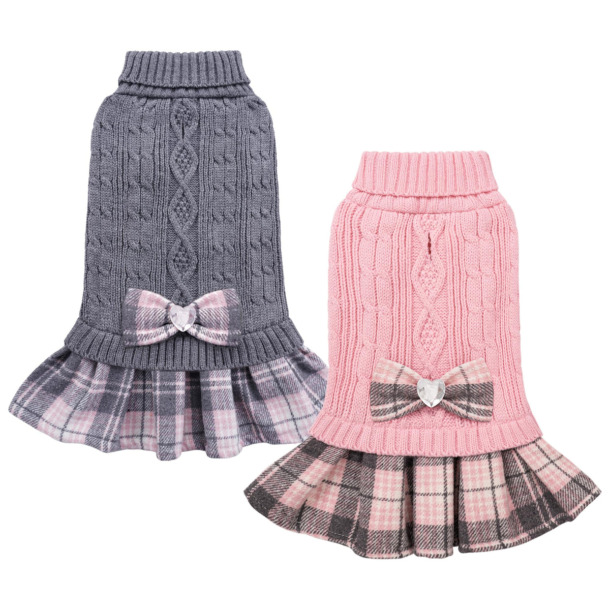 Vues de l'ensemble pull-robe YUDODO pour petit chien avec noeud gris et rose.