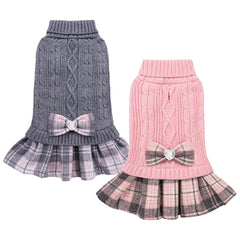 Vues de l'ensemble pull-robe YUDODO pour petit chien avec noeud gris et rose.
