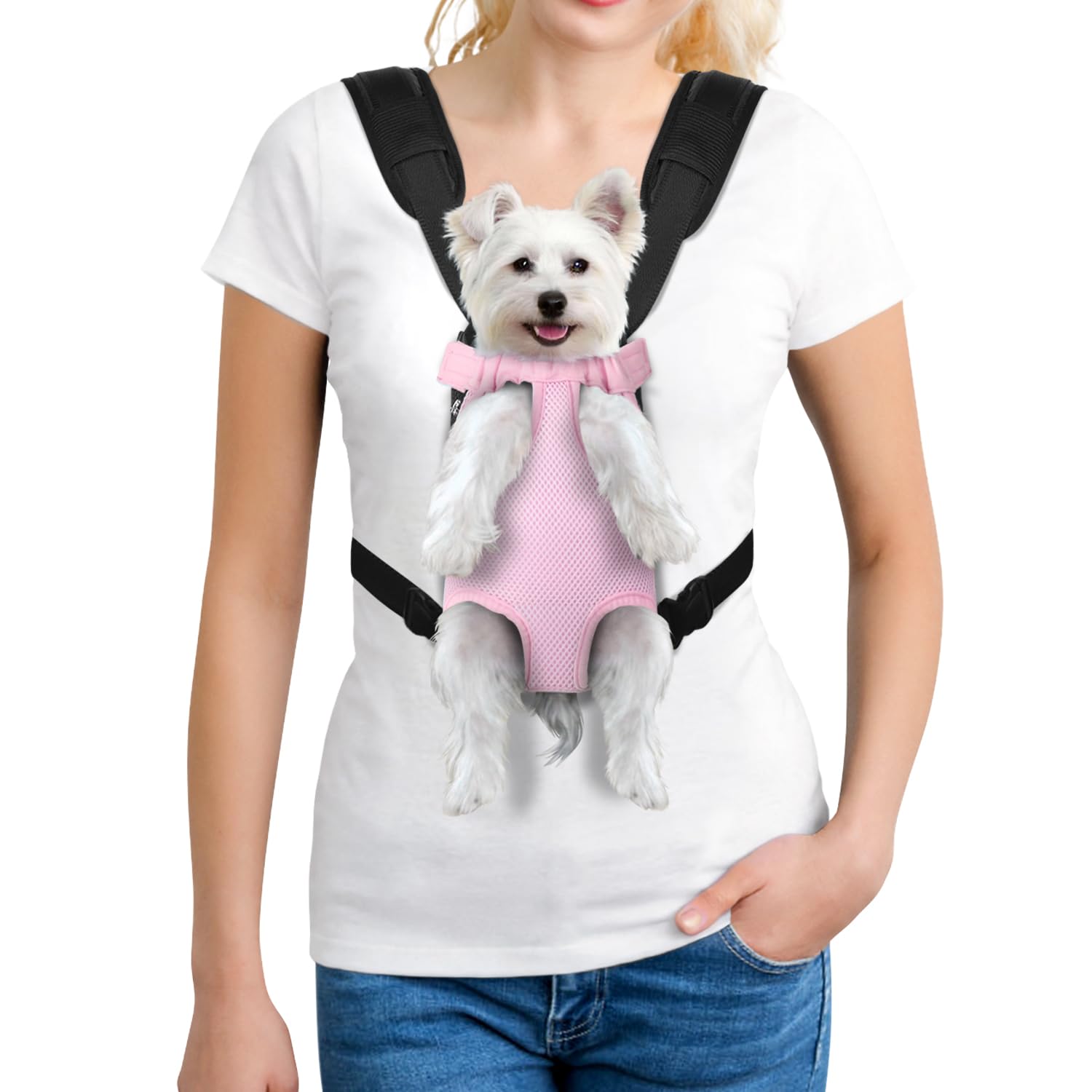 Porteur de chien YUDODO en face, pratique et confortable pour vos balades quotidiennes.