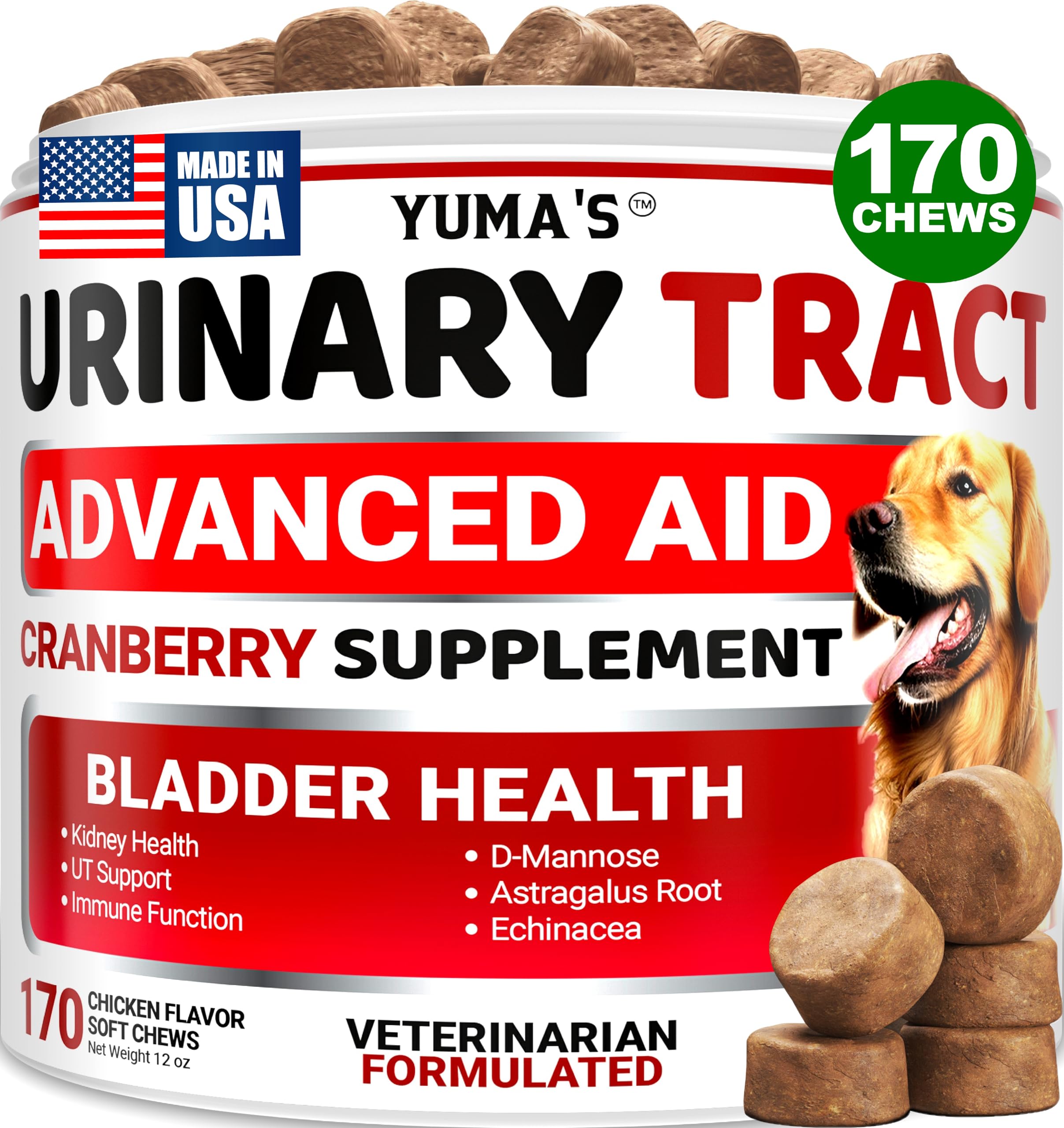 YUMA'S Bouchées UTI pour chien — flacon visible, soutien potentiel de la santé urinaire.