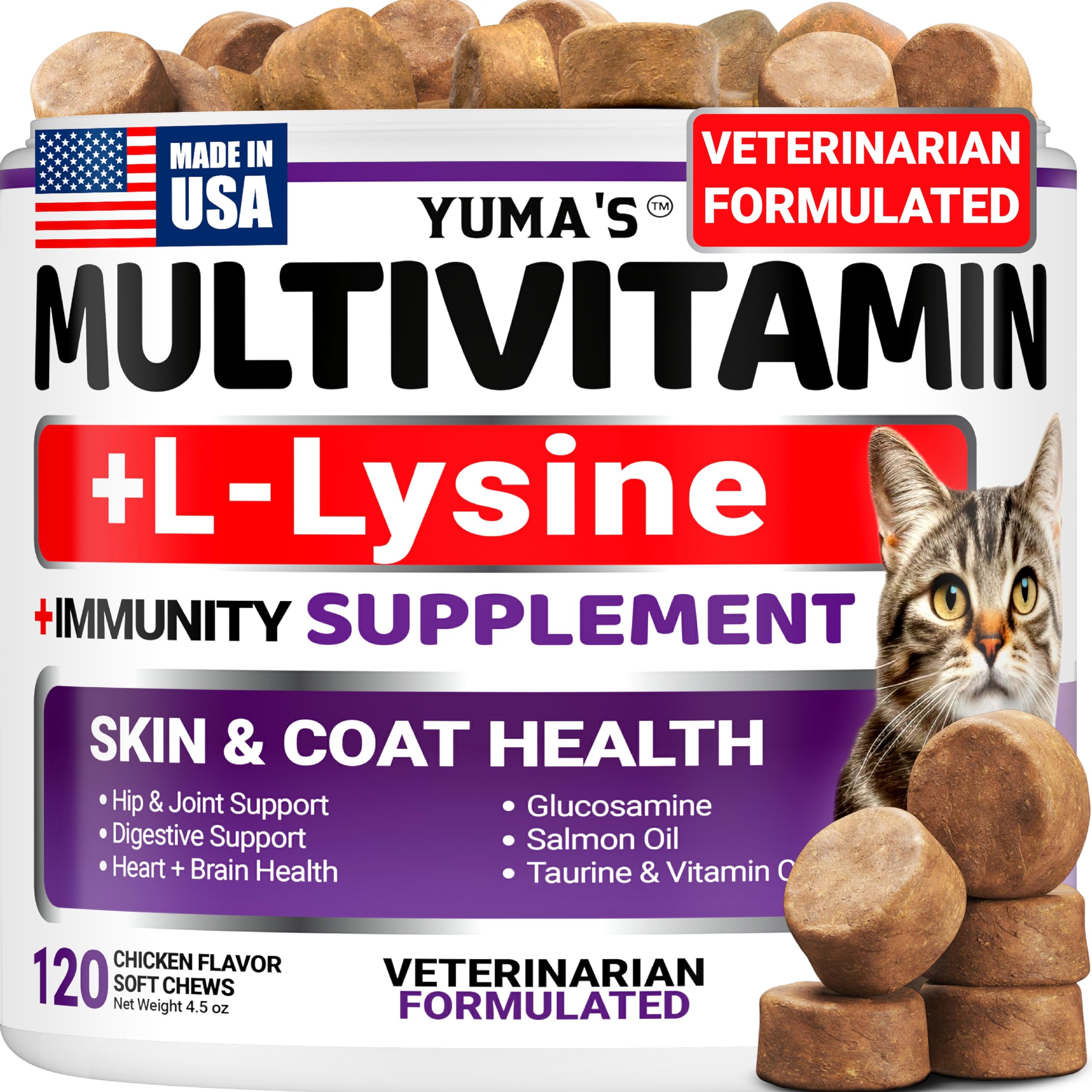 YUMA'S chat-multivitamines-friandises: soutien énergie et immunité au quotidien.