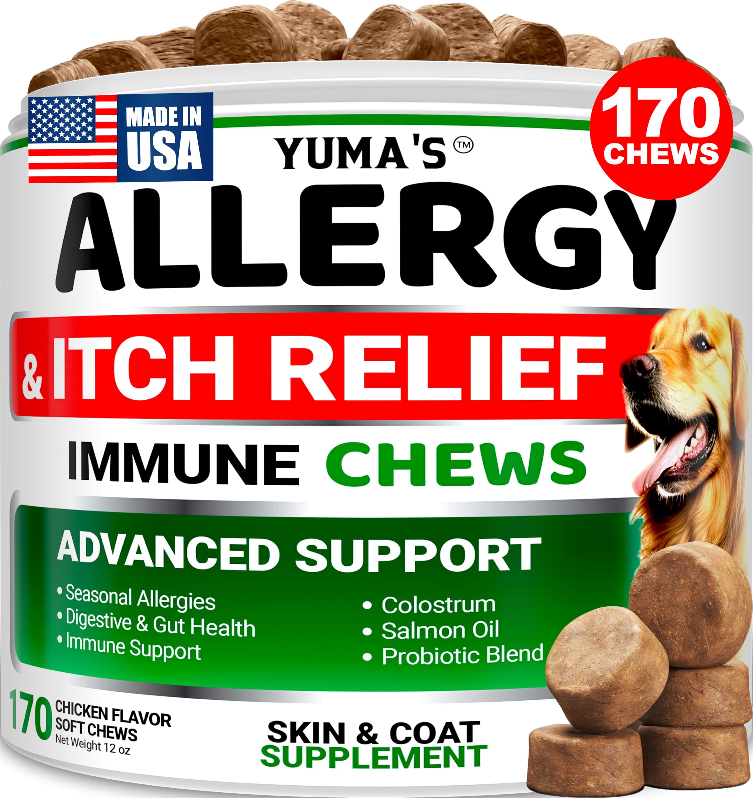 Bouchées allergie YUMA'S pour chien, photo ensemble, soutien potentiel au confort cutané.