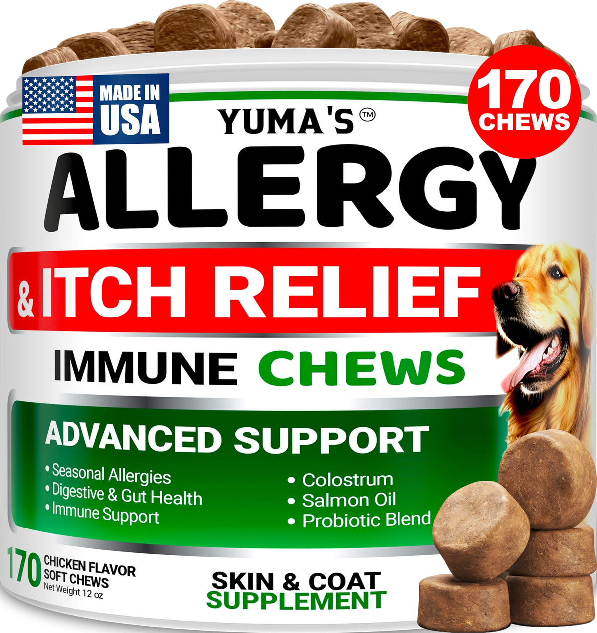 Bouchées allergie YUMA'S pour chien, photo ensemble, soutien potentiel au confort cutané.