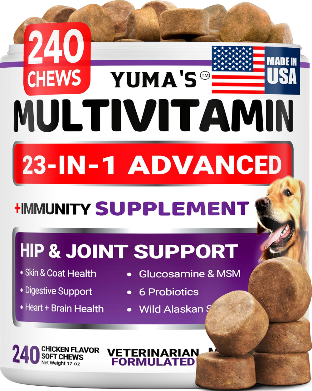 YUMA'S chien multivitamine, flacon pratique, soutien nutritionnel global pour chiens actifs.
