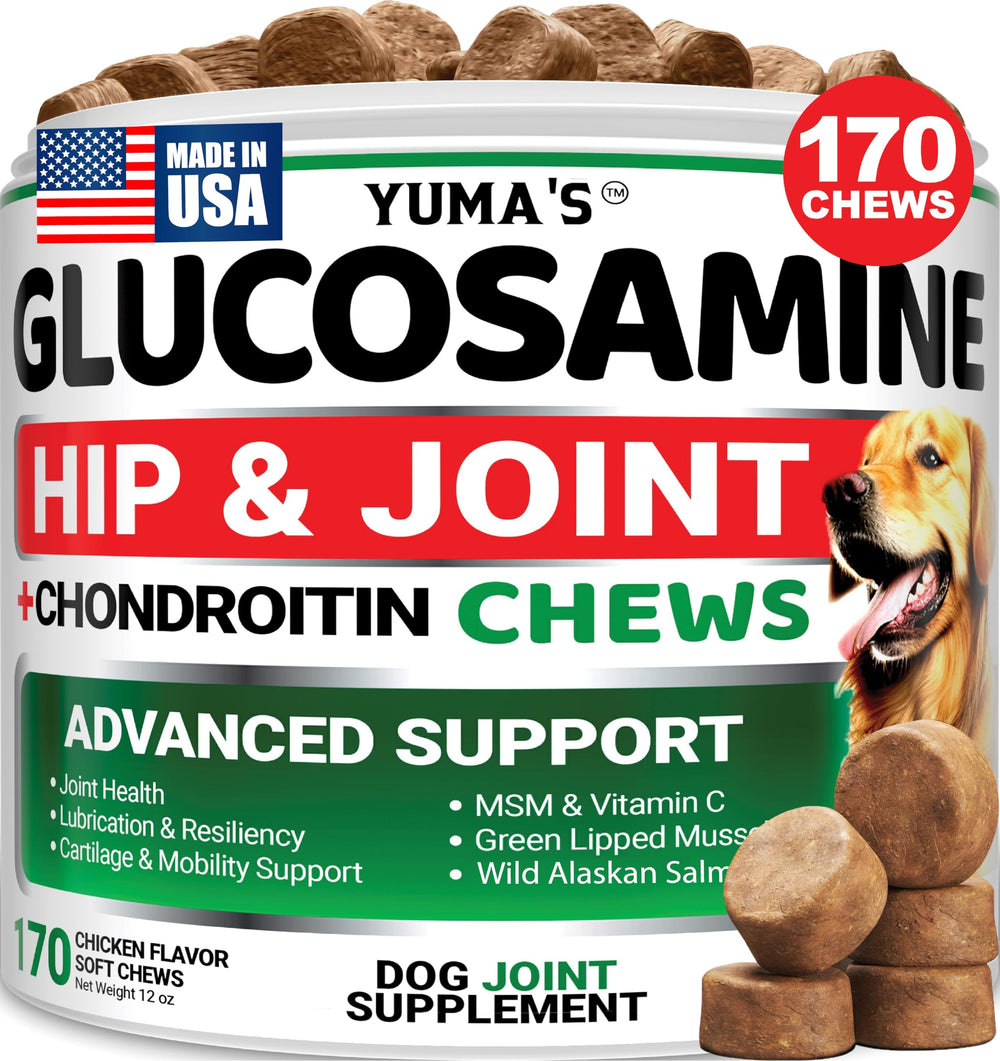 YUMA'S glucosamine pour chiens: bouteille du produit, soutien des hanches et articulations.
