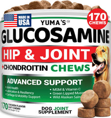YUMA'S glucosamine pour chiens: bouteille du produit, soutien des hanches et articulations.