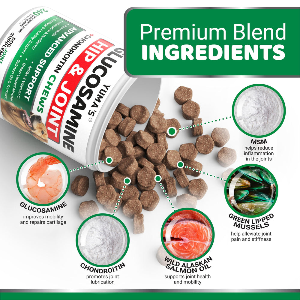 YUMA'S Glucosamine: formulation vétérinaire pour chiens de toutes tailles et âges.
