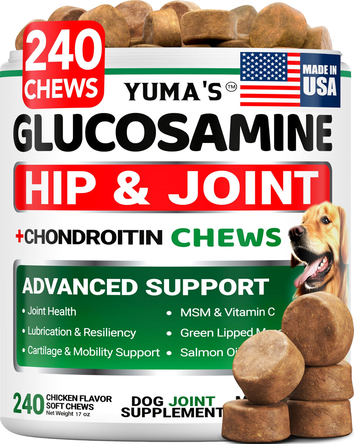 YUMA'S Glucosamine: friandises chien ciblant hanches et articulations pour une mobilité potentielle.