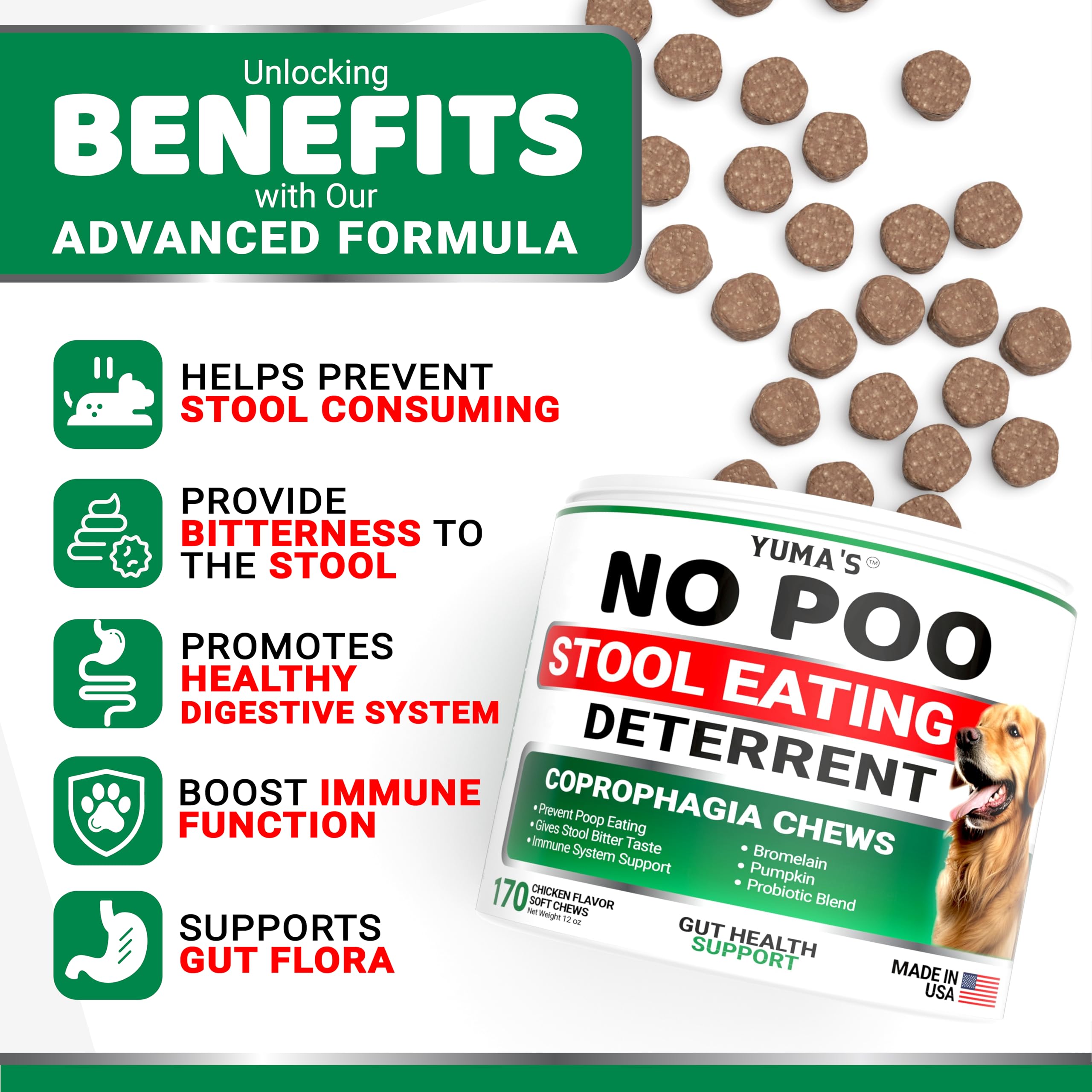 YUMA'S No Poo Chews — ingrédients riches en probiotiques pour soutenir l'intestin du chien.