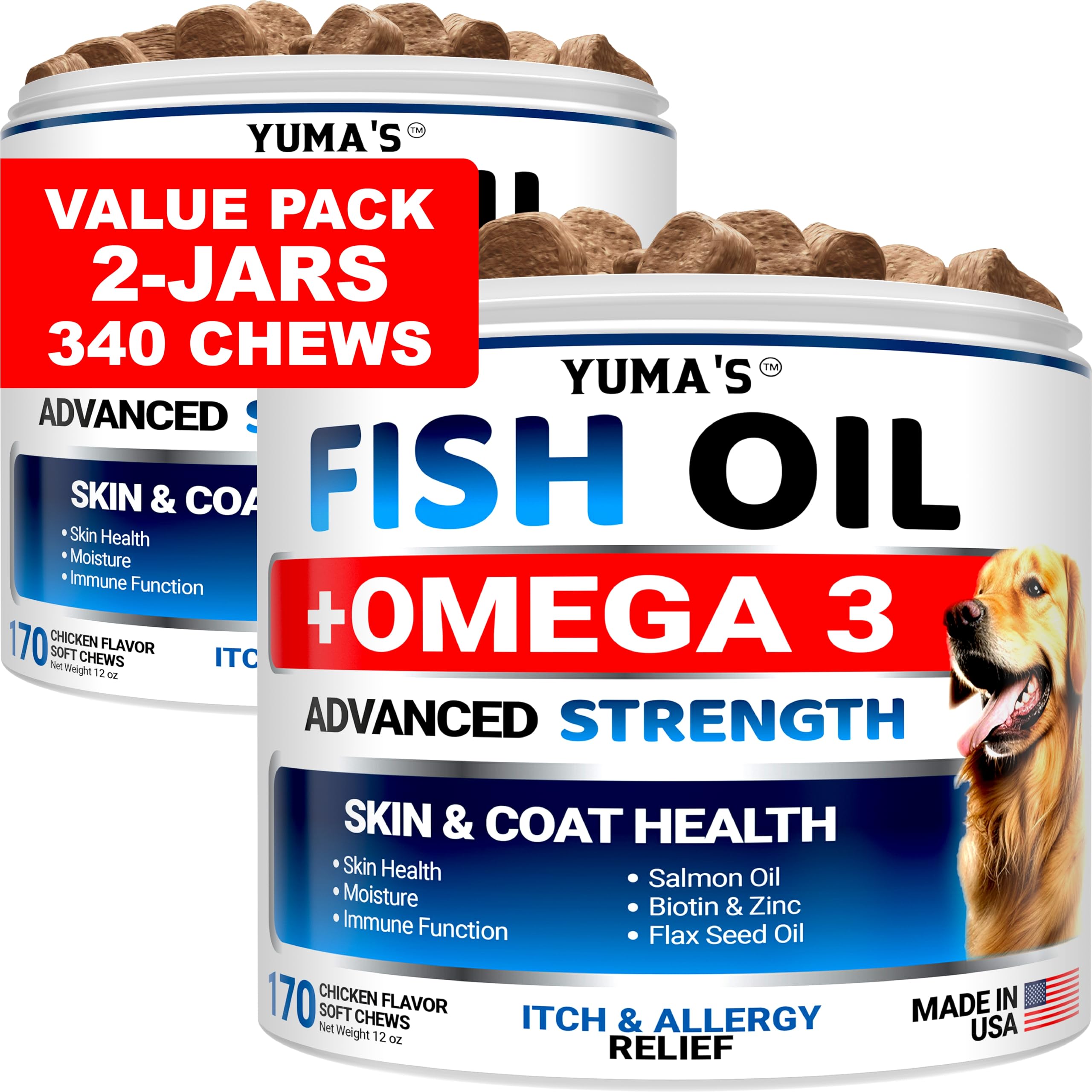 Gommes Omega-3 YUMA'S pour chien, 170 pièces, soutien potentiel du pelage.