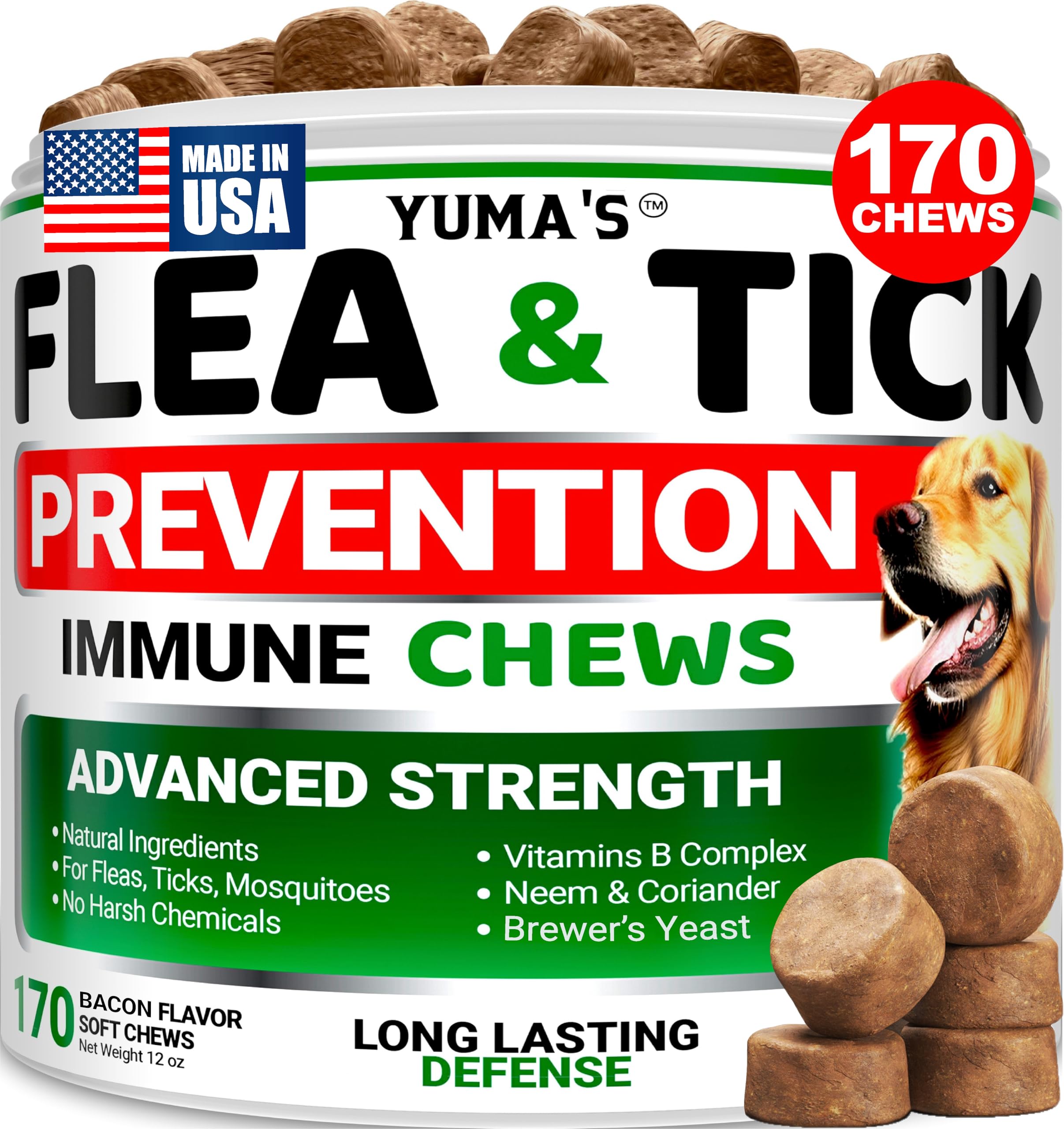 YUMA'S comprimé à mâcher saveur bacon pour chiens prévient puces et tiques naturellement.