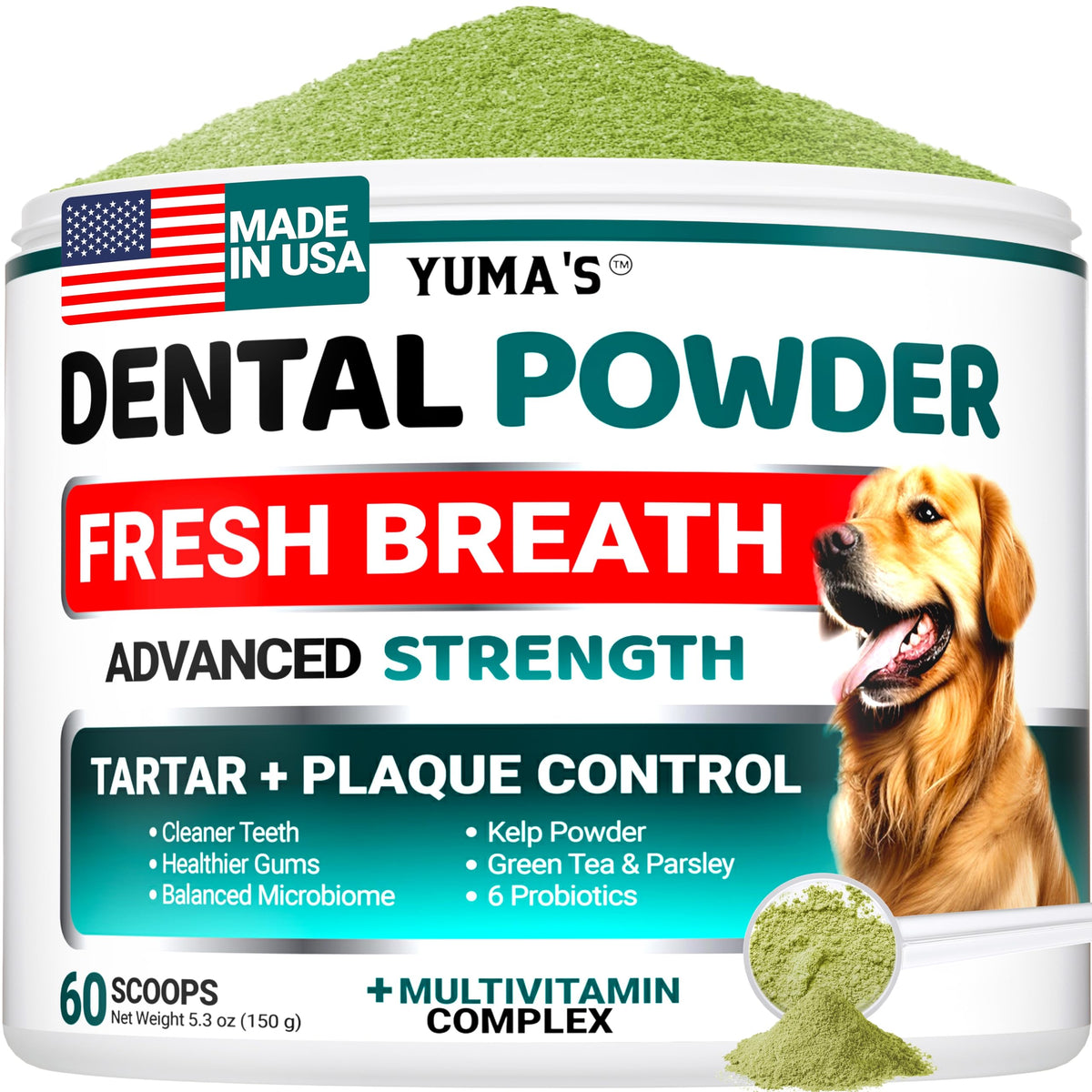 YUMA'S Poudre Dentaire pour Chiens – packaging visible facilitant l’utilisation et la propreté buccale.
