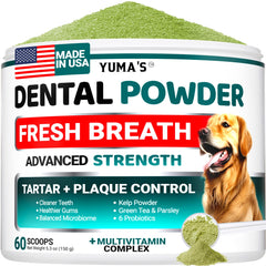 YUMA'S Poudre Dentaire pour Chiens – packaging visible facilitant l’utilisation et la propreté buccale.