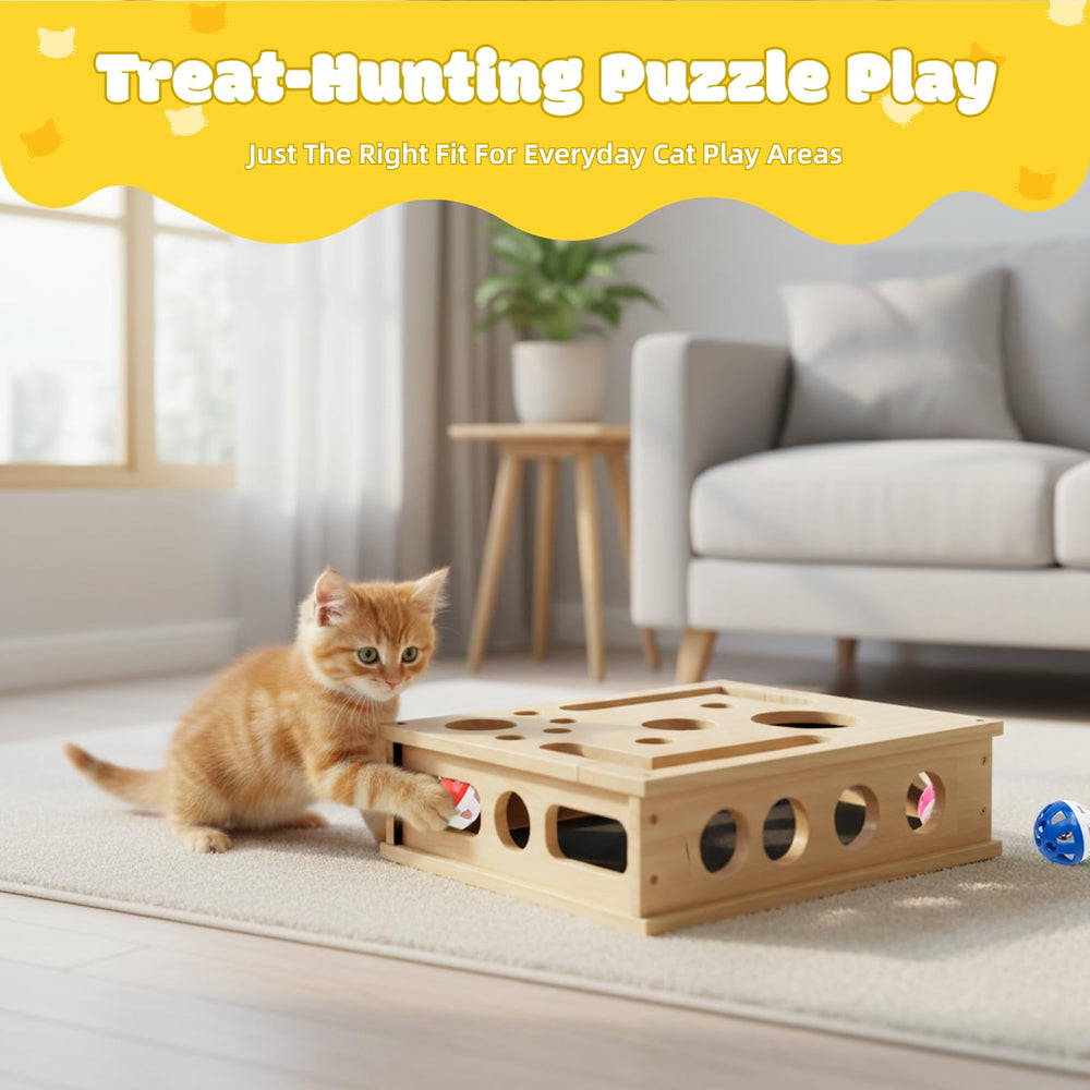 Chat explorant l espace de jeu Yumcute intégré dans la boîte.