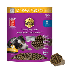 Fiche produit Yummy Combs sur emballage, friandises dentaires faciles à repérer.