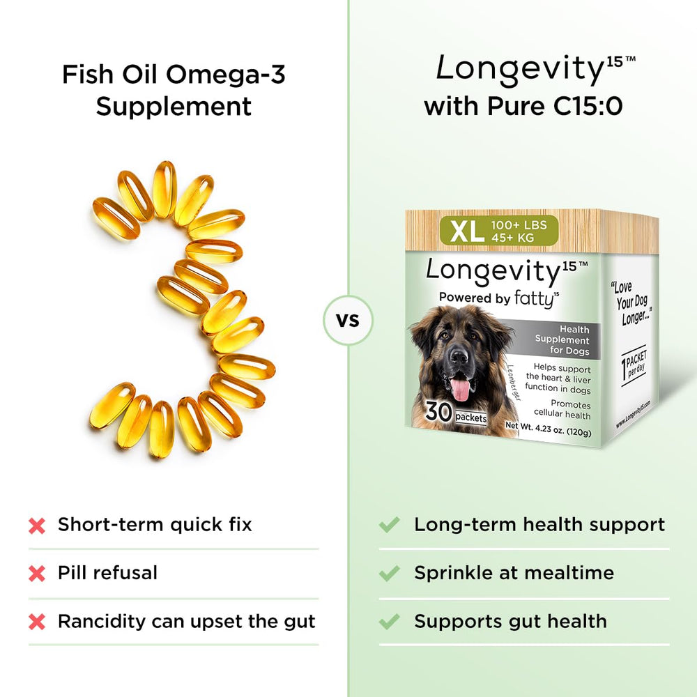 Plan d’utilisation quotidien Longevity15 pour chiens et leur alimentation.