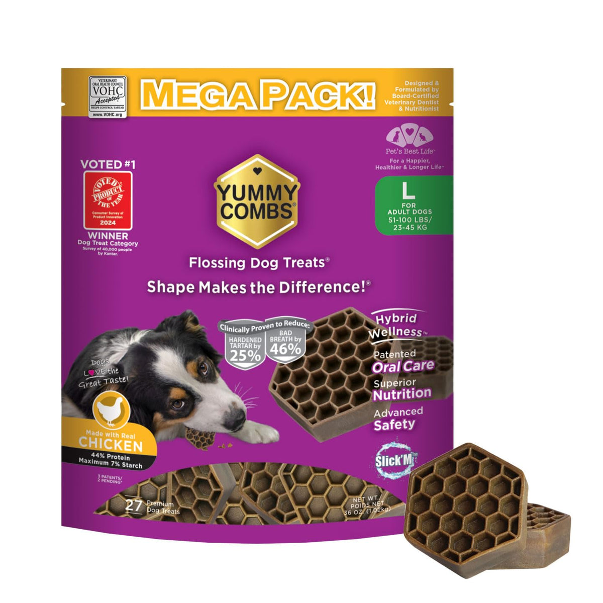 Yummy Combs – paquet du produit visible, hygiène dentaire prête à être utilisée.
