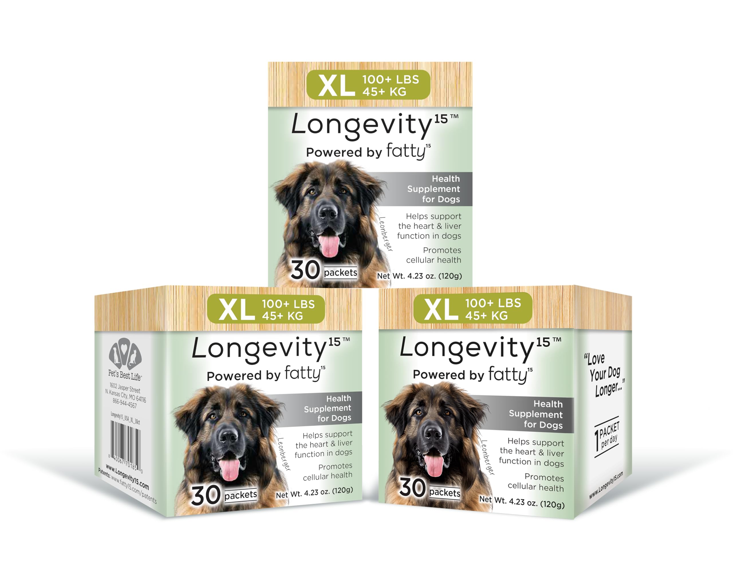 Longevity15 de Yummy Combs, bouteille avec étiquette lisible, soutien potentiel à la vitalité canine.